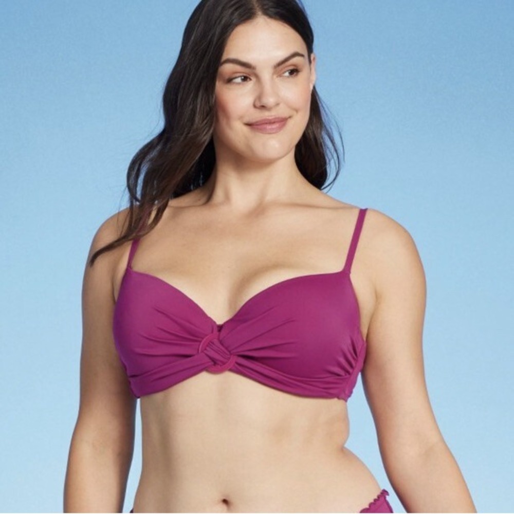 Women's 34D Wired, Light Padding, Twist-Front Ring Detail Bralette Bikini Top